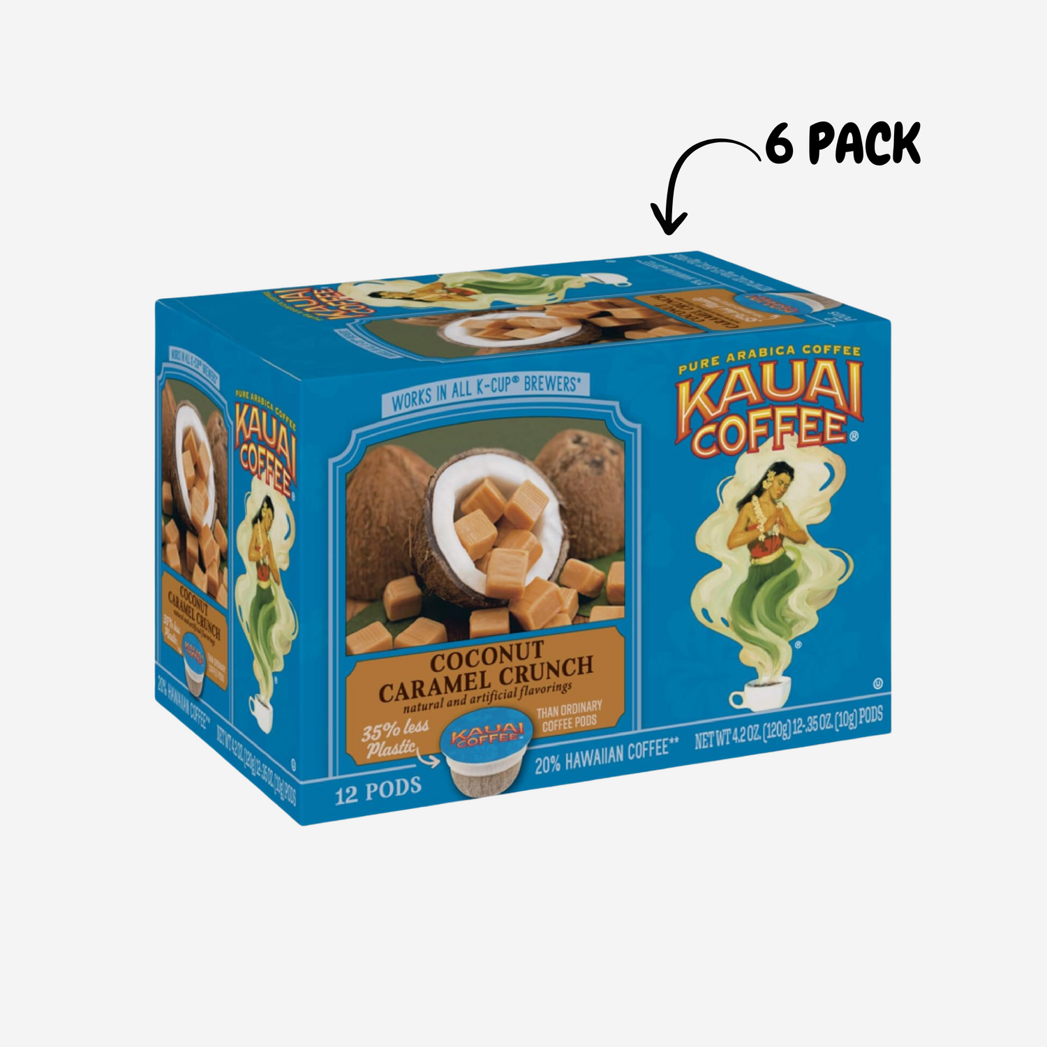 Kauai Coffee Coconut Caramel Crunch Medium Roast (6 Packs of 12 Single-Serve Cups)