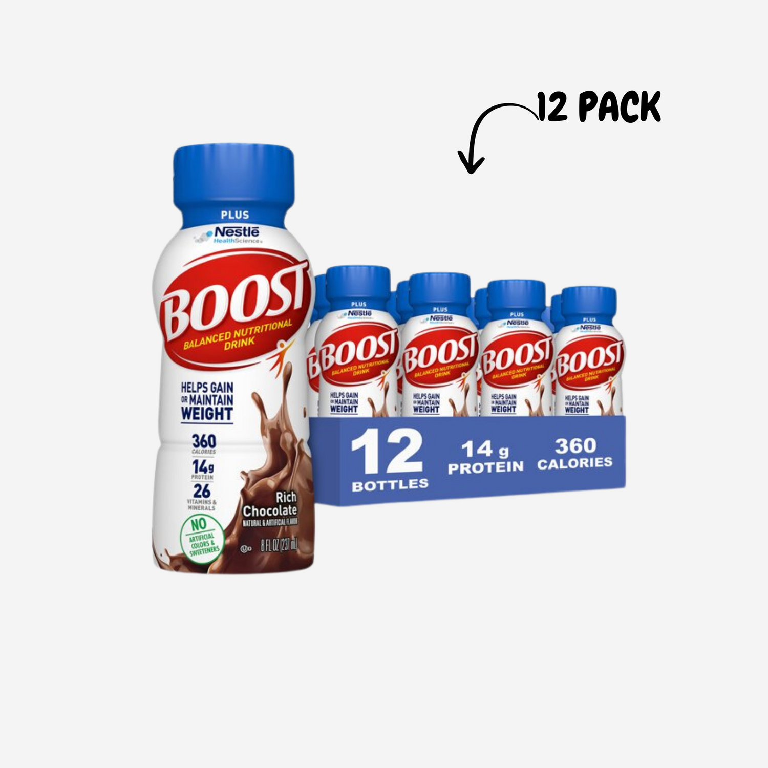 BOOST PLUS Nutritional Drink, Rich Chocolate, 14g Protein, 12-8 fl oz Bottles