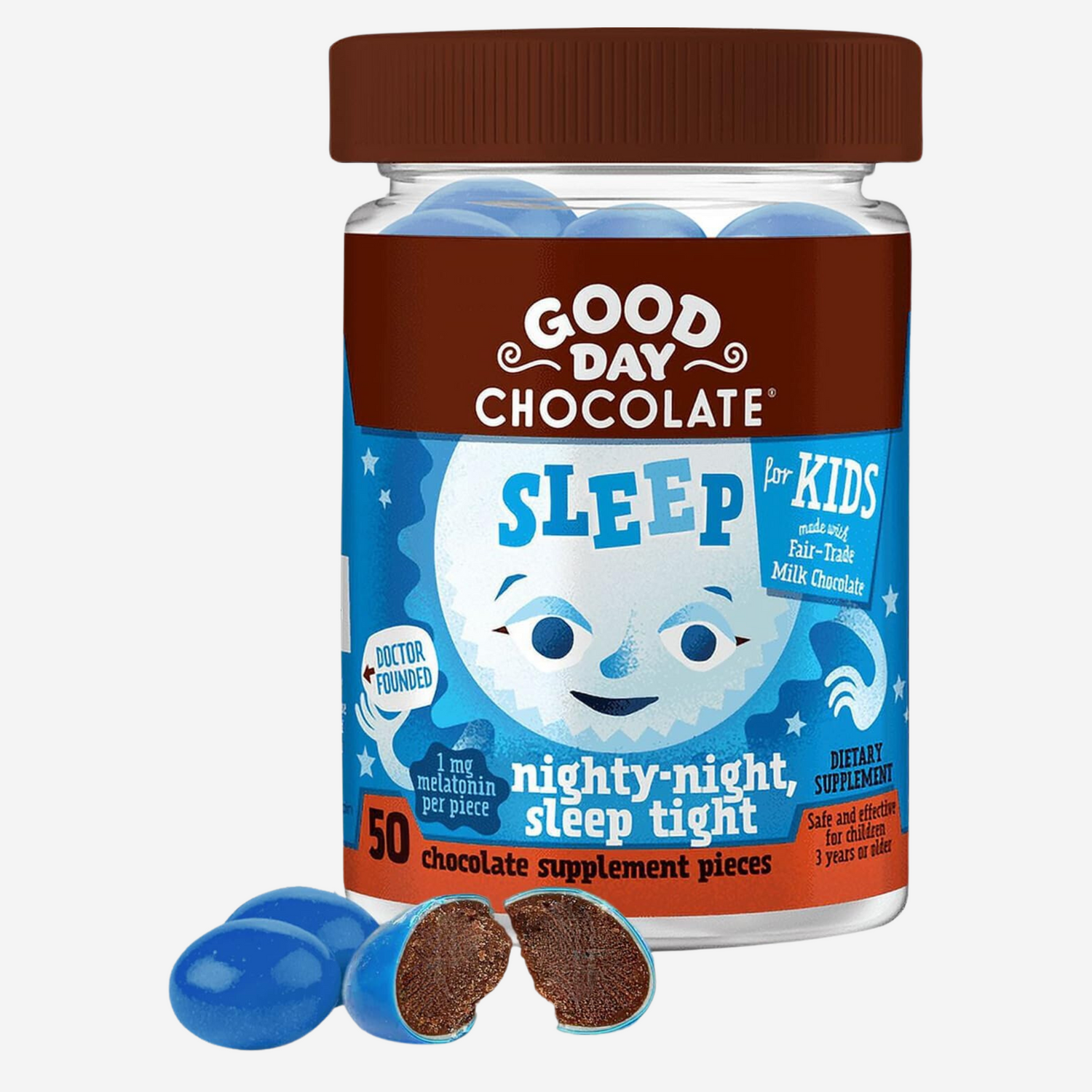 Good Day Chocolate Melatonin for Kids [50 Count] - Fair Trade Non-GMO Milk Chocolate with Chamomile and Melatonin 1 mg