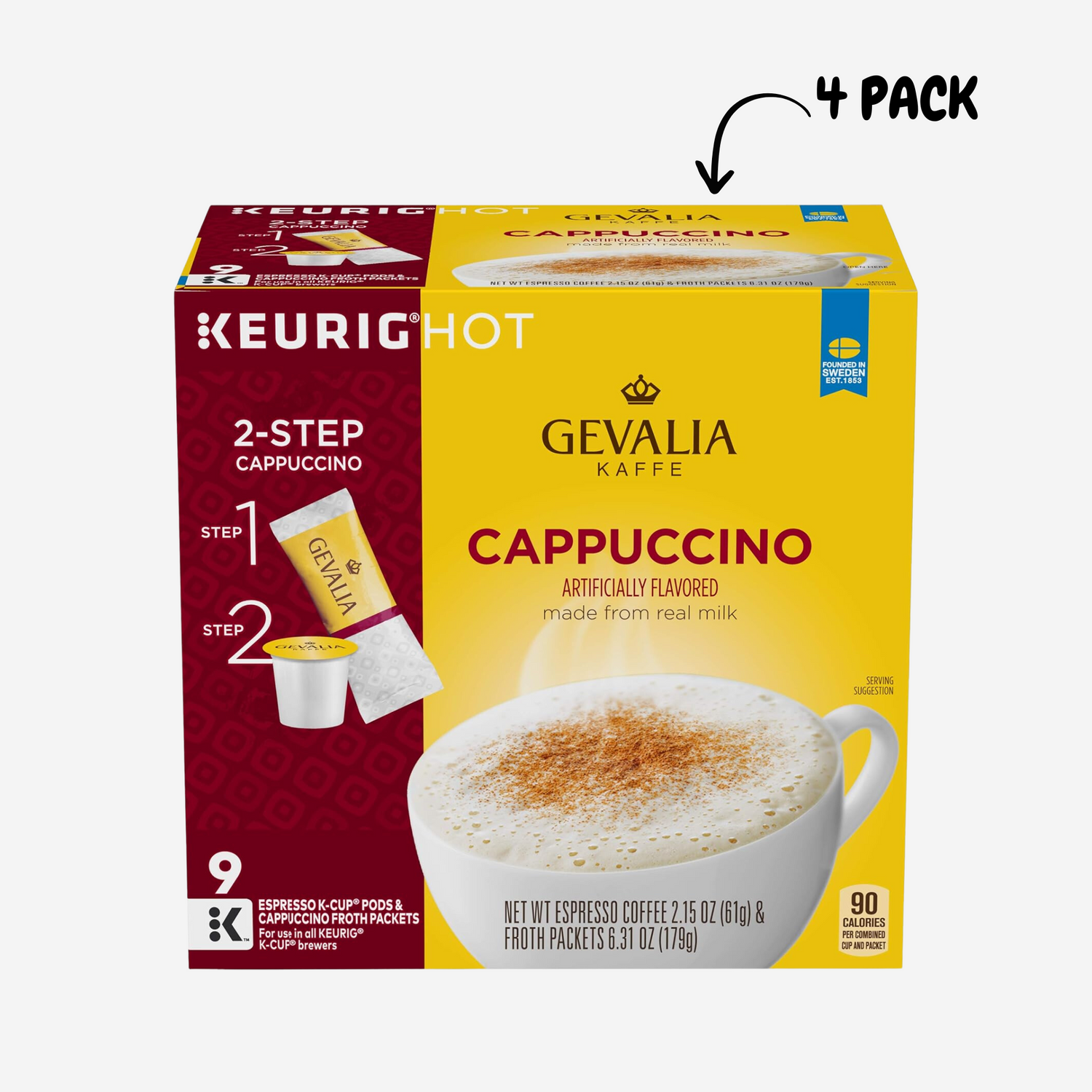 Gevalia Cappuccino Espresso K-Cup Coffee Pods & Froth Packets (36 Pods and Froth Packets), 9 Count (Pack of 4)