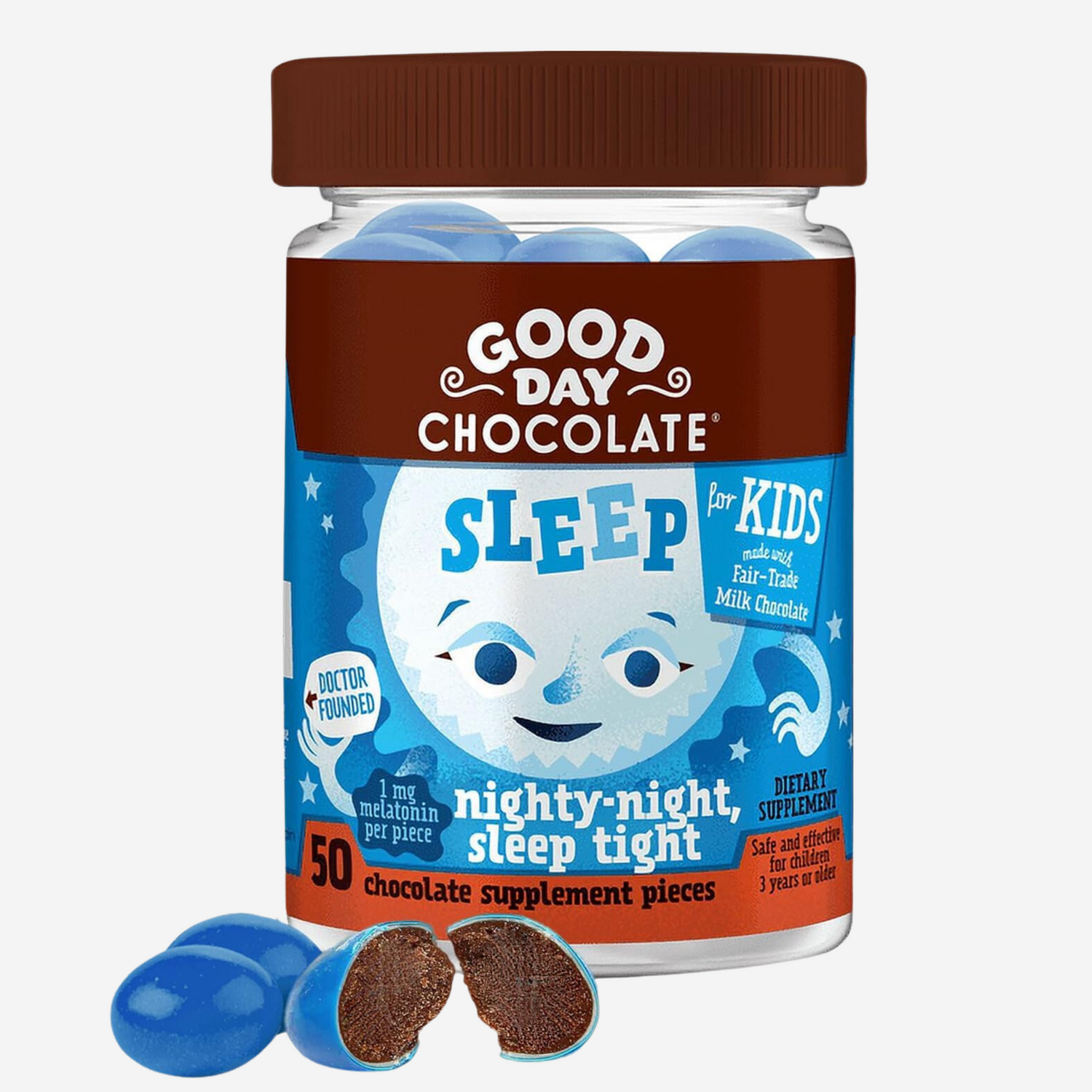 Good Day Chocolate Melatonin for Kids 50 Count Fair Trade Non-GMO Milk Chocolate with Chamomile and Melatonin 1 mg
