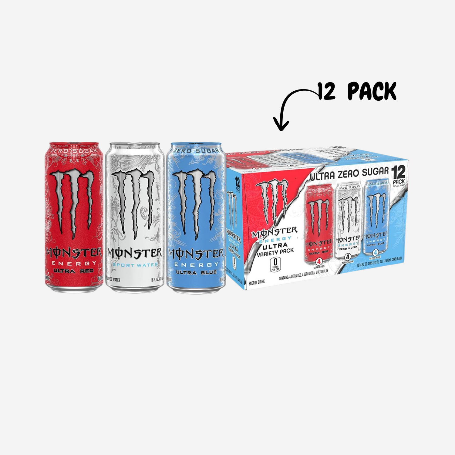 Monster Energy Ultra 3 Flavor Variety Pack, Zero Ultra, Ultra Red, Ultra Blue, Sugar Free Energy Drink, 16 Ounce (Pack of 12)