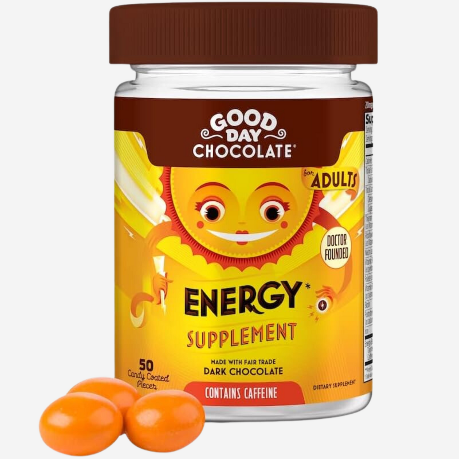 Good Day Chocolate Energy Supplements for Adults [50 Count] Fair Trade Caffeine Chocolate with B-Vitamins