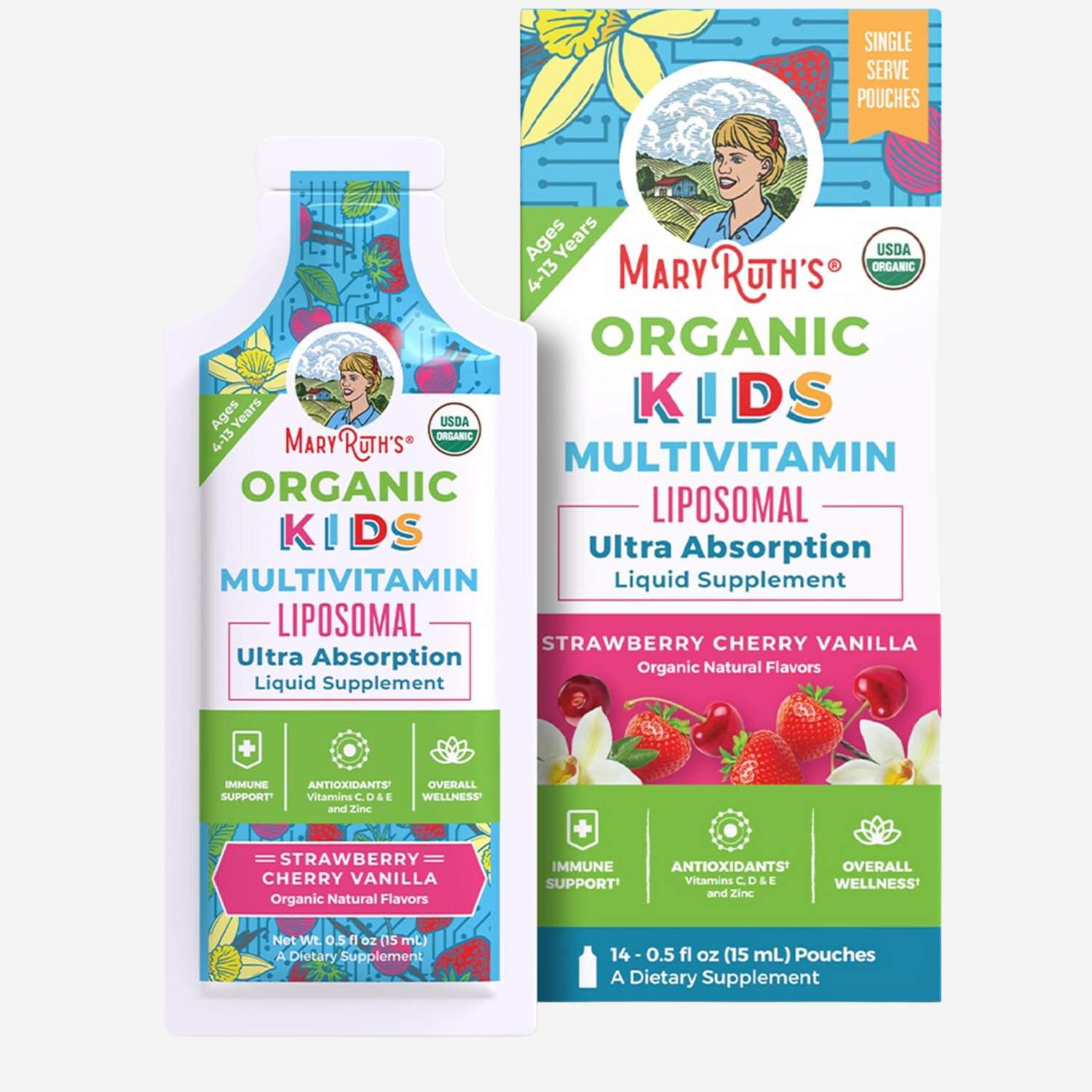 MaryRuth Organics Vitamin USDA, Sugar Free Kids Multivitamin Liquid, Immune Support Supplement 14-0.5 Fl Oz Pouches, Pack of 1