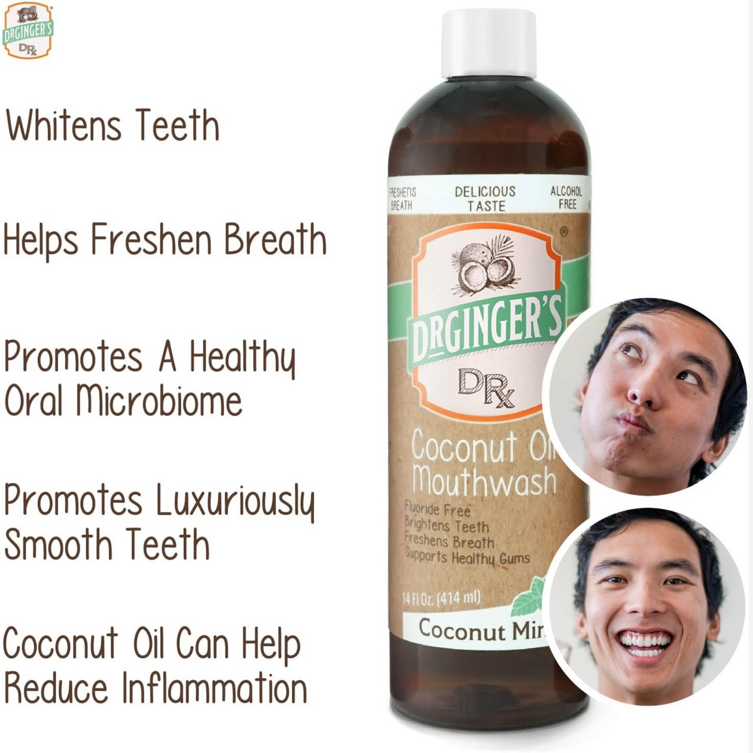 Doctor Ginger's Coconut Oil Pulling Mouthwash, All-Natural Oil & Xylitol to Target Bad Breath 14fl oz, 2ct
