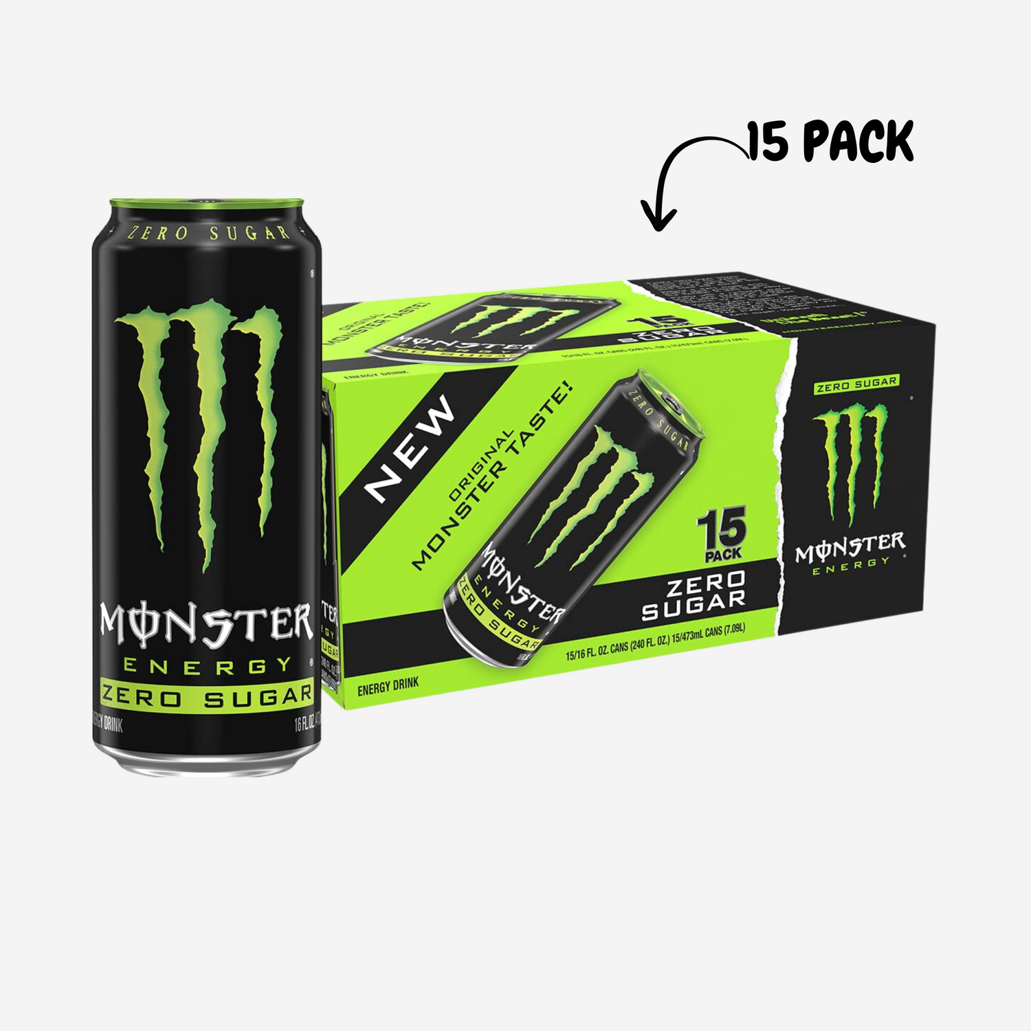 Monster Energy Zero Sugar, Green, Original, Low Calorie Energy Drink, 16 Fl Oz (Pack of 15)