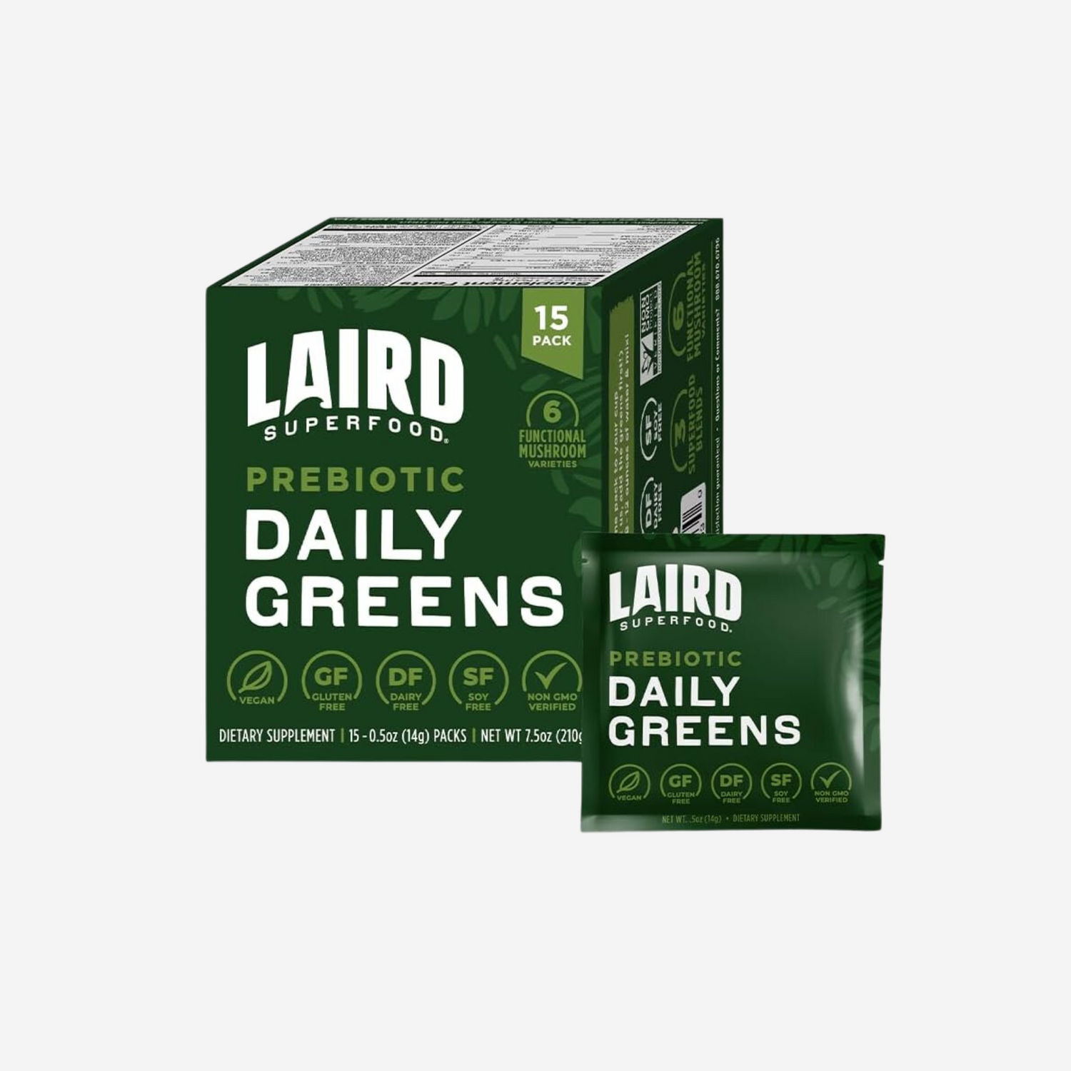 Laird Superfood Prebiotic Daily Greens Powder - Pack of 15 Single Serve Sachets - Essential Vitamins & Minerals - Fiber, Adaptogen & Fruits, Vegetables – Supports Gut Health – Non-GMO, Vegan
