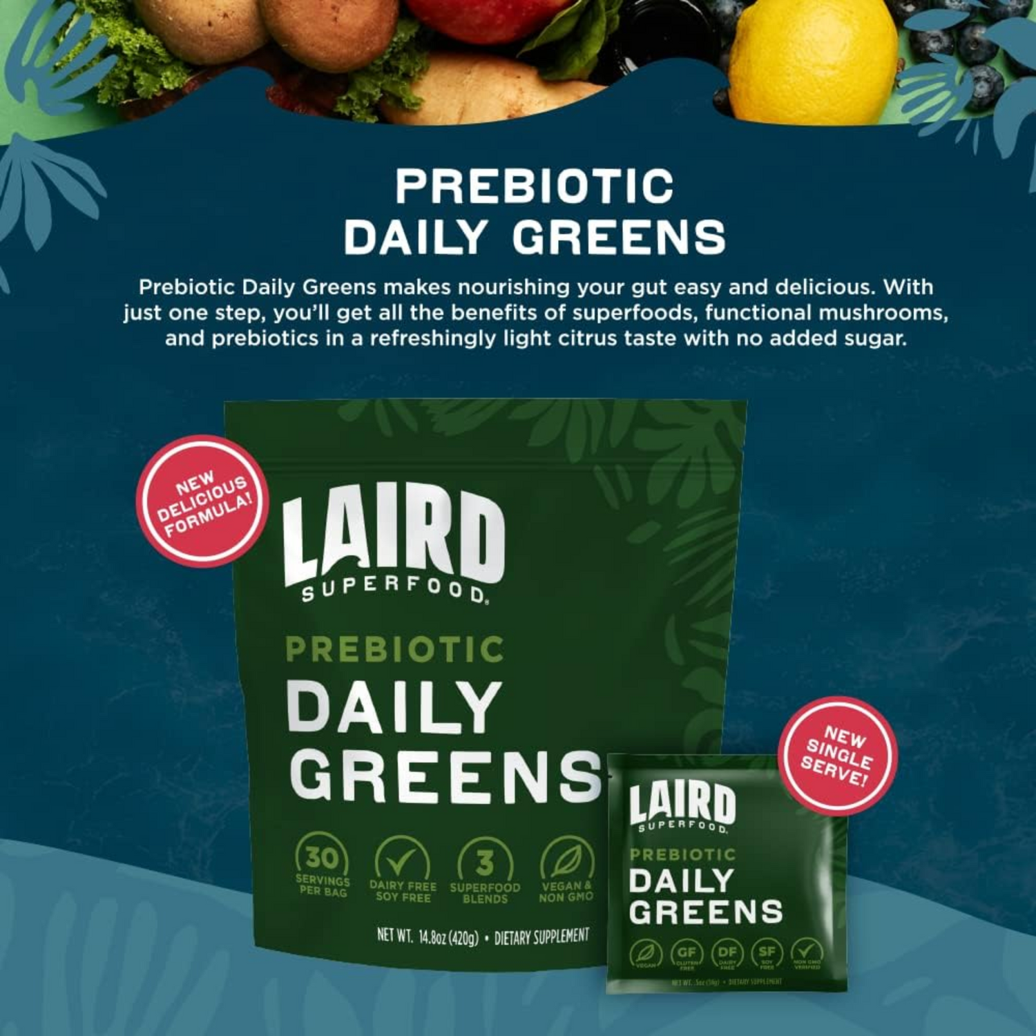 Laird Superfood Prebiotic Daily Greens Powder - Pack of 15 Single Serve Sachets - Essential Vitamins & Minerals - Fiber, Adaptogen & Fruits, Vegetables – Supports Gut Health – Non-GMO, Vegan