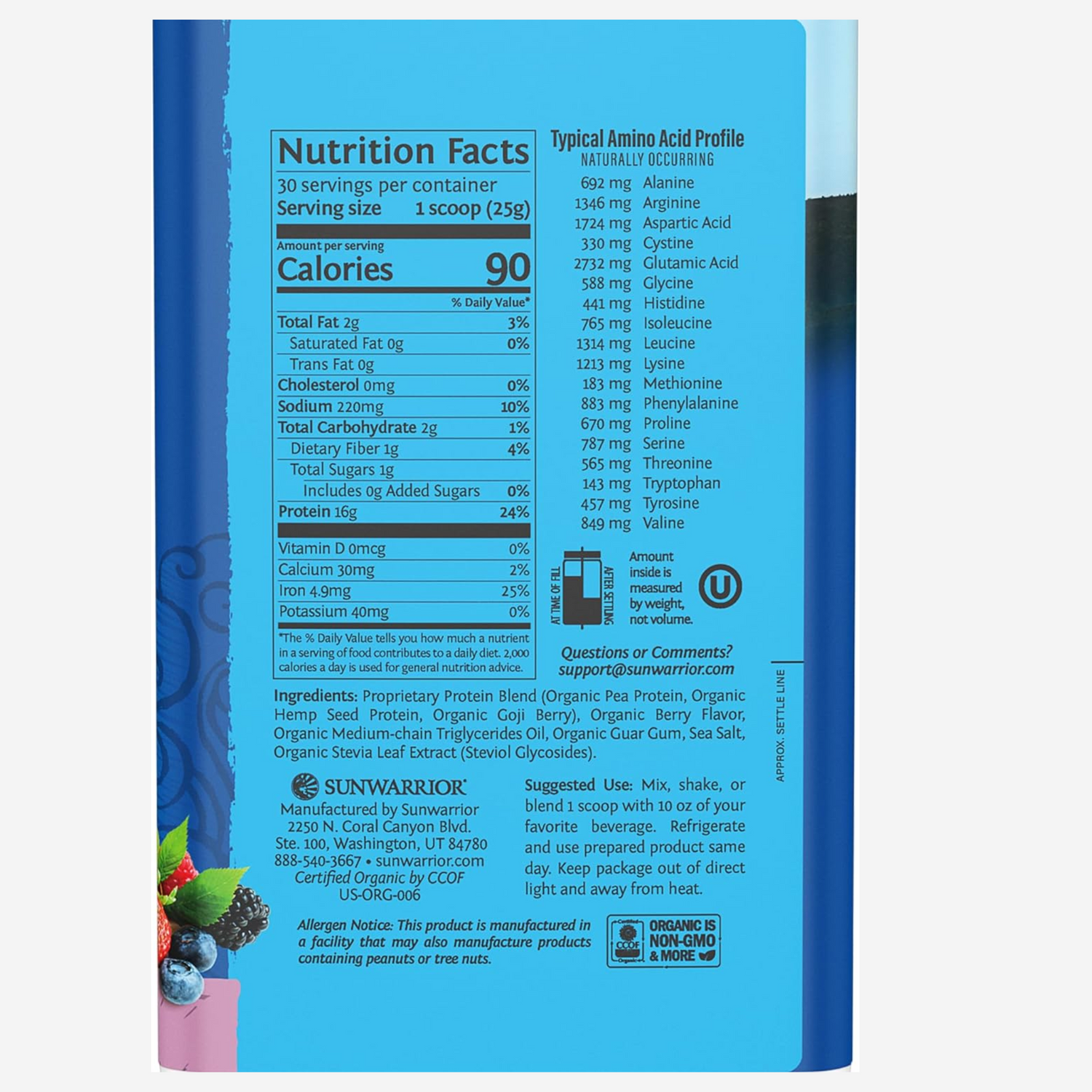 Sunwarrior Vegan Organic Protein Powder Plant-Based Berry 30 Servings |Warrior Blend
