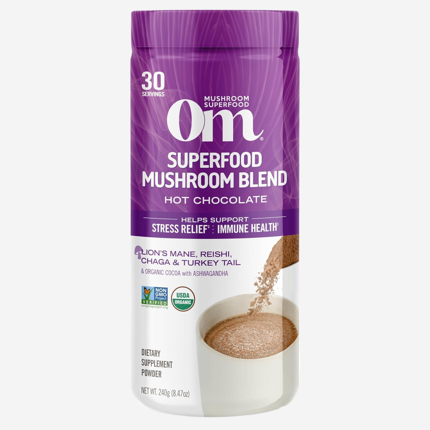 Om Mushroom Superfood Hot Chocolate Blend Mushroom Powder, 8.47 Ounce Canister, 30 Servings