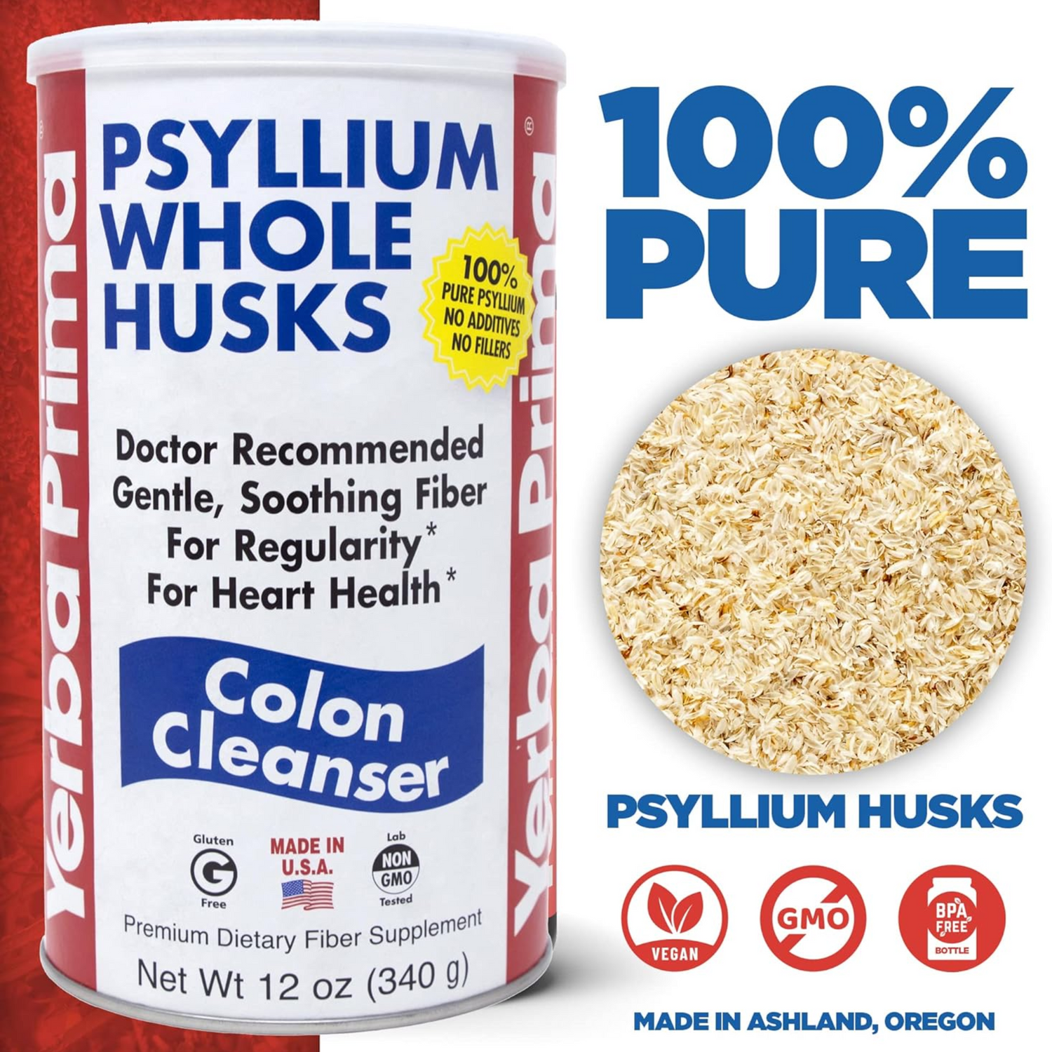 Yerba Prima Psyllium Whole Husks, Colon Cleanser 12 oz (Pack of 2)  All Natural Dietary Fiber