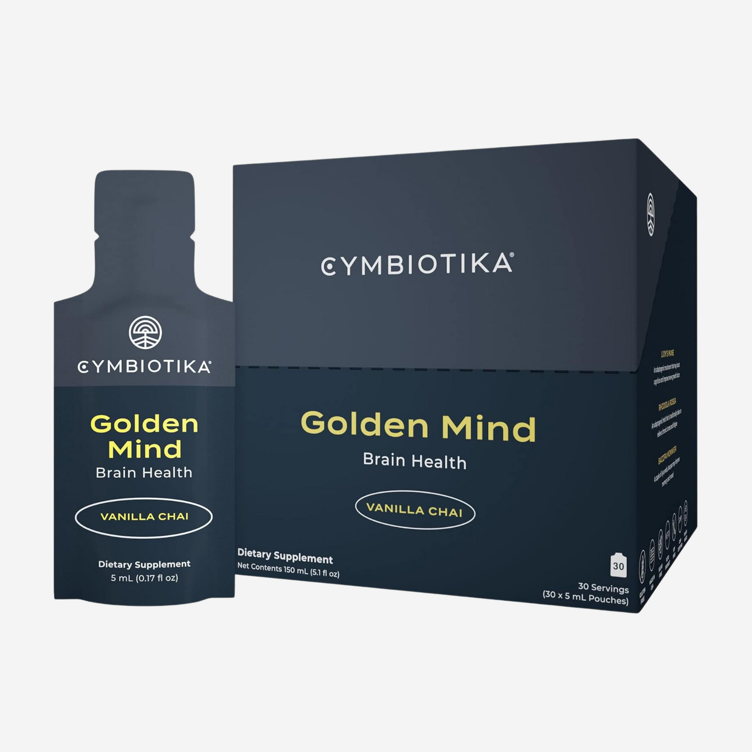 CYMBIOTIKA Golden Mind Brain Memory Focus Supplement for Adults, Liquid Nootropic Energy Supplements 5ml Pouches, 30 Pack