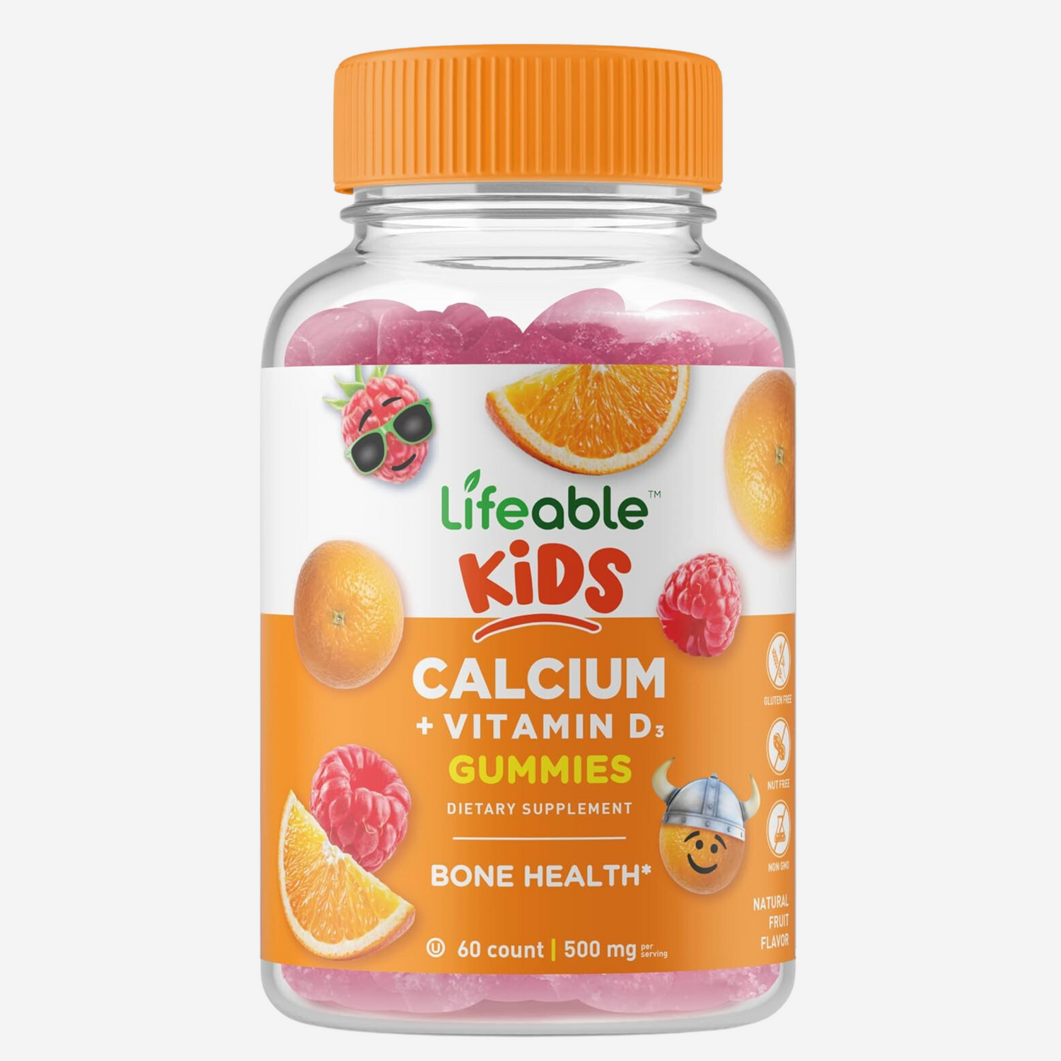 Lifeable Calcium 500 mg with Vitamin D3 1000 IU Gummies for Kids - Natural Flavor Vitamin Supplements 60 Gummies