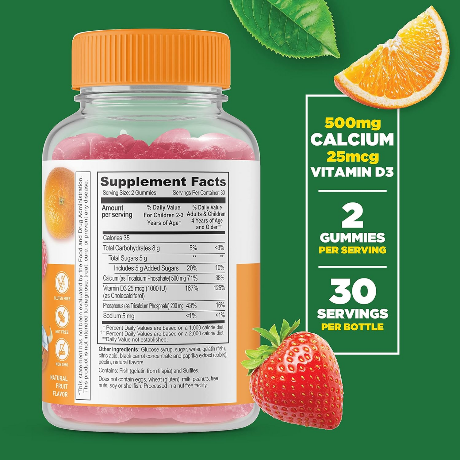 Lifeable Calcium 500 mg with Vitamin D3 1000 IU Gummies for Kids - Natural Flavor Vitamin Supplements 60 Gummies
