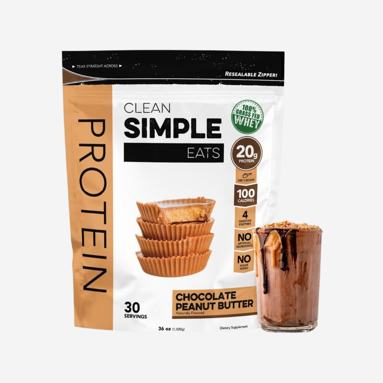 Clean Simple Eats Chocolate Peanut Butter Whey Protein Powder 20 Grams of Protein