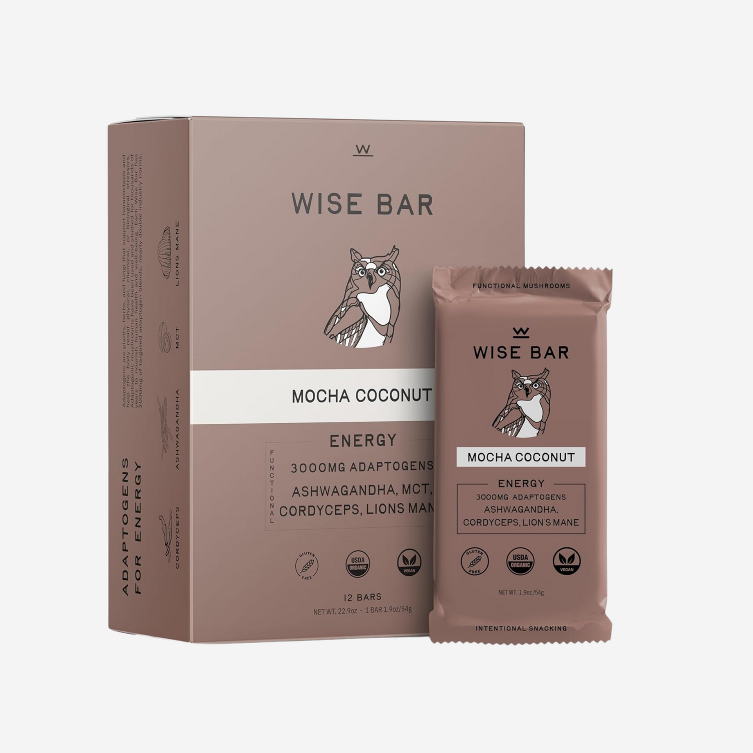 Wise Bar Adaptogen Mushroom Nutrition Bars Mocha Coconut Flavor 12 Count