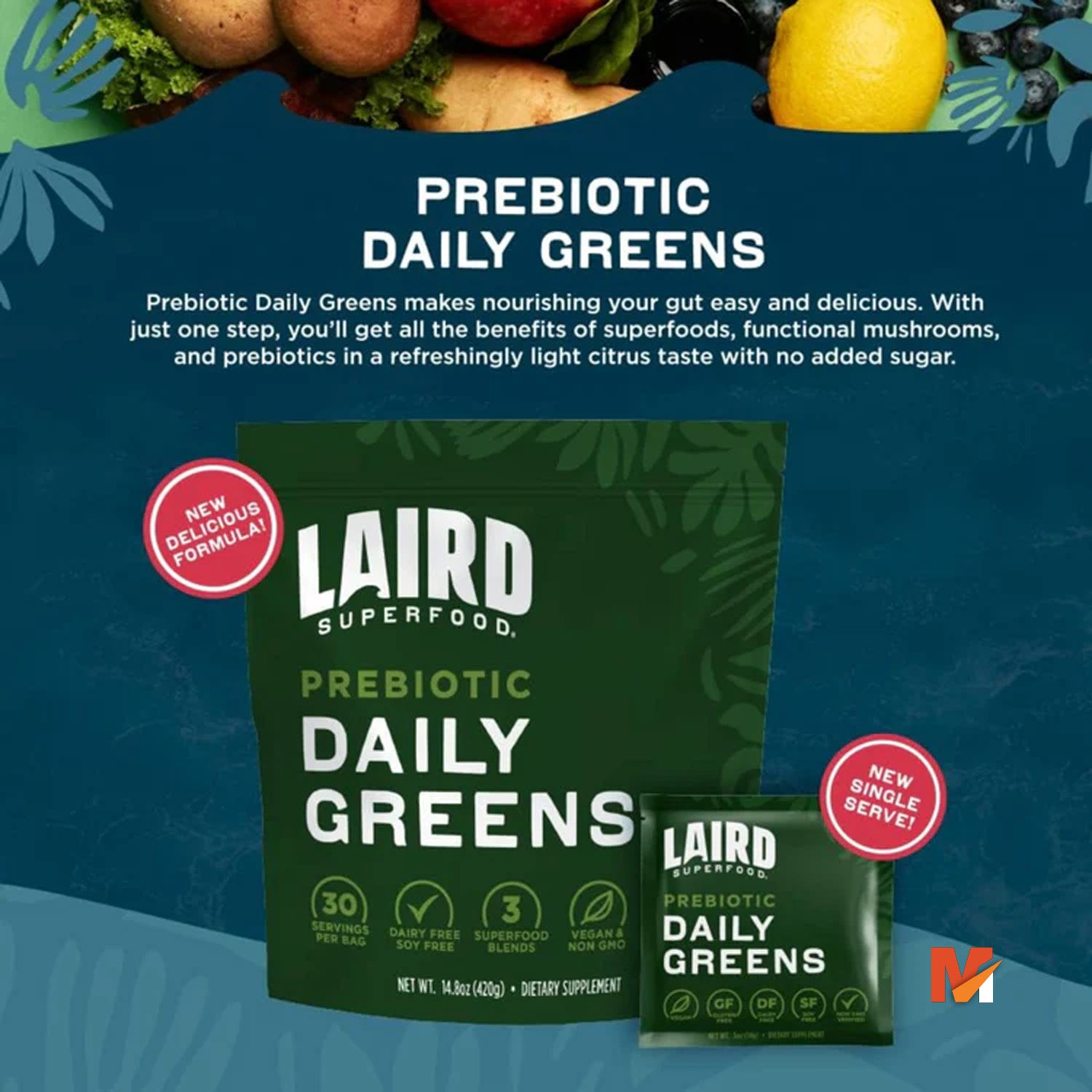 Laird Daily Greens Superfood Prebiotic-Pack of 15 Single Vitamins & Minerals - Fiber, Adaptogen & Fruits, Vegetables