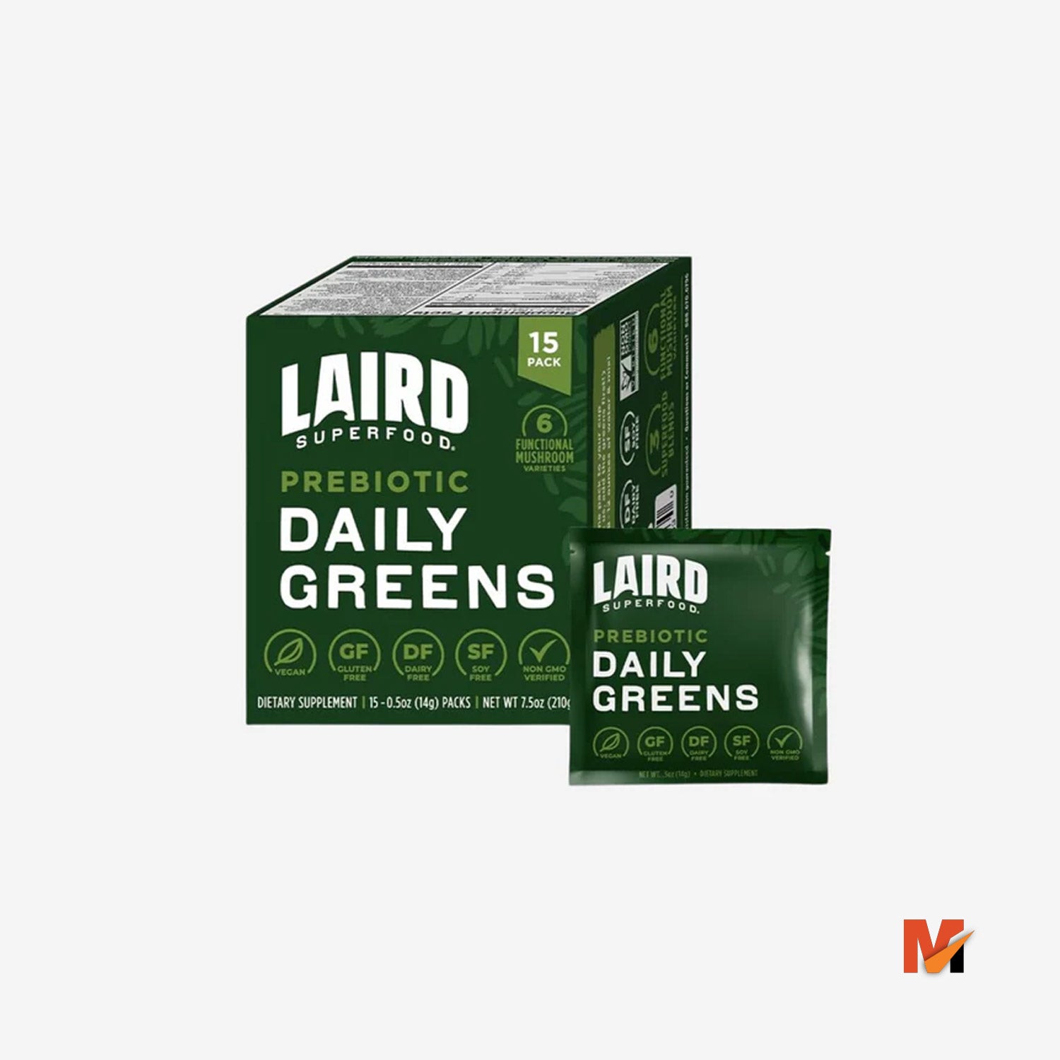 Laird Daily Greens Superfood Prebiotic-Pack of 15 Single Vitamins & Minerals - Fiber, Adaptogen & Fruits, Vegetables